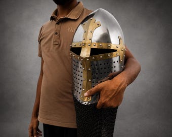 Bascinet Spoleto-helm met maliënkolder | Middeleeuwse stalen gevechtshelm | LARP-harnas voor re-enactment
