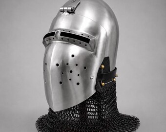 Pig Face Bascinet | 18-Gauge Steel Medieval Helmet with Chainmail