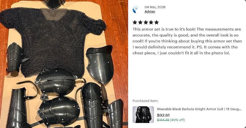May include: A black knight armor set, including a chainmail shirt, helmet, shoulder guards, and leg and arm protection. The armor is displayed on a neutral surface. The image includes text from a customer review.