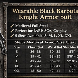May include: A black Barbuta knight armor suit made of medieval full steel. The image includes a size chart with chest, waist, and shoulder width measurements in inches for sizes S, M, L, XL, and XXL.