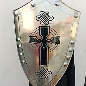 Medieval Celtic Cross Shield – Steel Crusader Heater Shield Knight Costume for Viking LARP, Templar Cosplay, Reenactment & Battle Display
