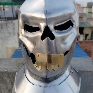 Medieval Skull Face Knight Helmet | Steel Armor Helmet with Brass Teeth | Gothic Warrior Cosplay & LARP Costume Prop.