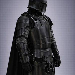 May include: A full suit of black medieval armor, including a helmet, chest plate, and leg protection. The armor features chainmail accents and a black cape. The image is a studio shot with a neutral background.