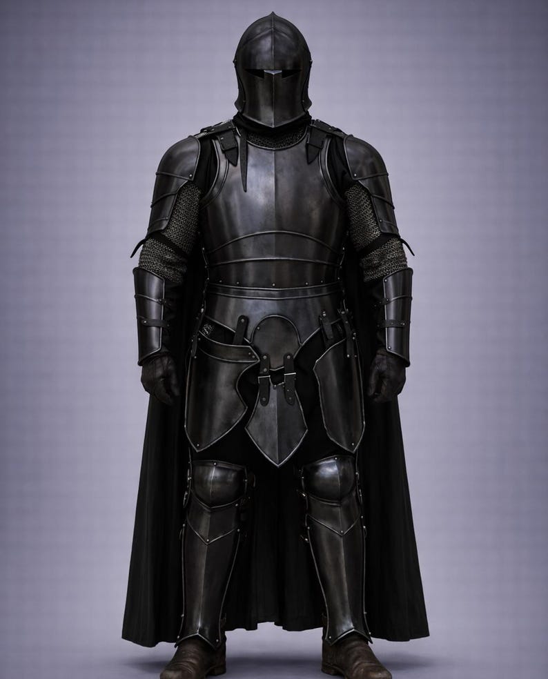 May include: Full suit of black medieval armor, including a helmet, chest plate, and leg guards. The armor has a dark, metallic finish and is worn with a black cape. The design is detailed and appears to be functional.