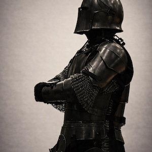 May include: A full suit of medieval armor, crafted from dark metal. The armor includes a helmet, shoulder plates, chest and back protection, and leg guards. Chainmail is visible on the arms. The figure is posed with arms crossed.