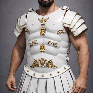 Könnte beinhalten: Weiße römische Rüstung mit goldenen Akzenten. Die Brustplatte zeigt ein Adleremblem und dekorative goldene Details. Die Schulterpanzer und der Rock sind ebenfalls weiß mit goldenen Verzierungen. Die Rüstung ist so gestaltet, dass sie einen muskulösen Körperbau nachahmt.