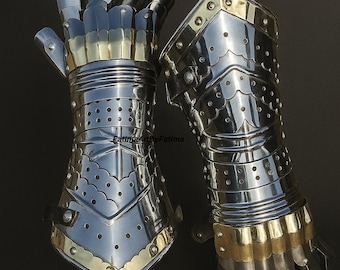 Medieval Steel Brass Gauntlets: Templar Crusader Armor Gloves for LARP, Cosplay