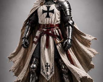 May include: A suit of polished steel plate armor featuring a hooded off-white tabard with a black cross emblem. The armor includes chainmail, metal gauntlets, greaves, and pauldrons, worn with a red leather belt and a sword at the waist.