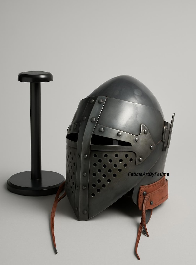 Medieval Steel Bascinet Barbuta Roman Helmet - Buhurt Battle, LARP Armour, Free Stand image 3