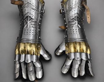 Medieval Steel Brass Gauntlets: Templar Crusader Armor Gloves for LARP, Cosplay