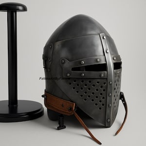 Medieval Steel Bascinet Barbuta Roman Helmet - Buhurt Battle, LARP Armour, Free Stand image 2