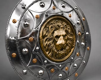 Medieval Roman Greek Lion Face Shield - Steel Knight Armor, 24" Wall Decor