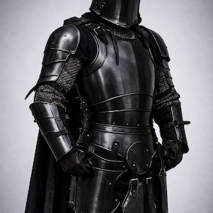 Könnte beinhalten: Vollständige mittelalterliche Rüstung in Dunkelgrau. Die Rüstung umfasst einen Helm, Brustpanzer, Schulterstücke, Arm- und Beinschutz sowie Handschuhe. Kettenhemden sind zwischen den Platten sichtbar. Ein schwarzer Umhang hängt von den Schultern.