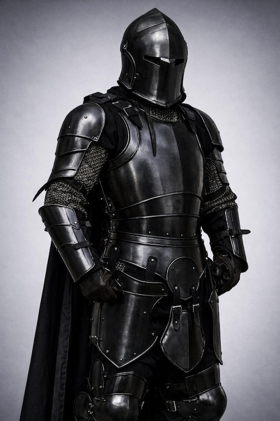 Wearable Black Barbuta Knight Armor Suit | 18 Gauge Steel, LARP Cosplay