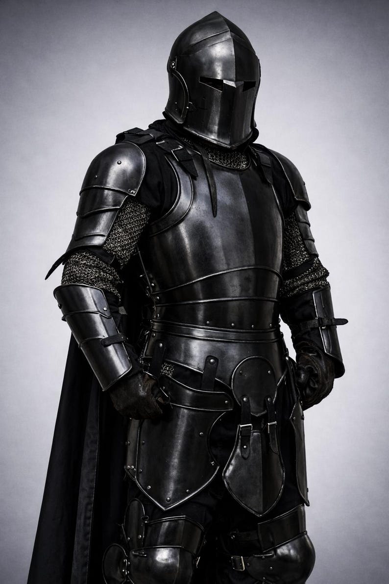 May include: Full suit of medieval armor in dark gray. The armor includes a helmet, chest plate, shoulder guards, arm and leg protection, and gloves. Chainmail is visible between the plates. A black cape hangs from the shoulders.