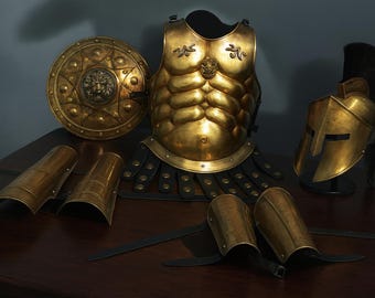 Conjunto completo de armadura muscular espartana – Disfraz de cosplay del rey Leónidas de 300 – Casco, peto, escudo, protectores de brazos y piernas – Traje griego medieval