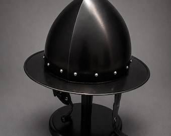Medieval Steel Cabasset Helmet: Spanish Morion Style, Wearable Armor with Display Stand