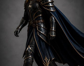 May include: A suit of black and gold metal armour featuring a helmet with a T-shaped visor, layered shoulder pauldrons, gauntlets, and greaves. A long, dark blue fabric cloak with gold trim hangs from the shoulders over a matching blue tunic.