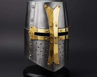 Hełm rycerza templariusza: wykończenie srebrne, krzyż krzyżowca z mosiądzu – zbroja i ekspozycja do cosplayu