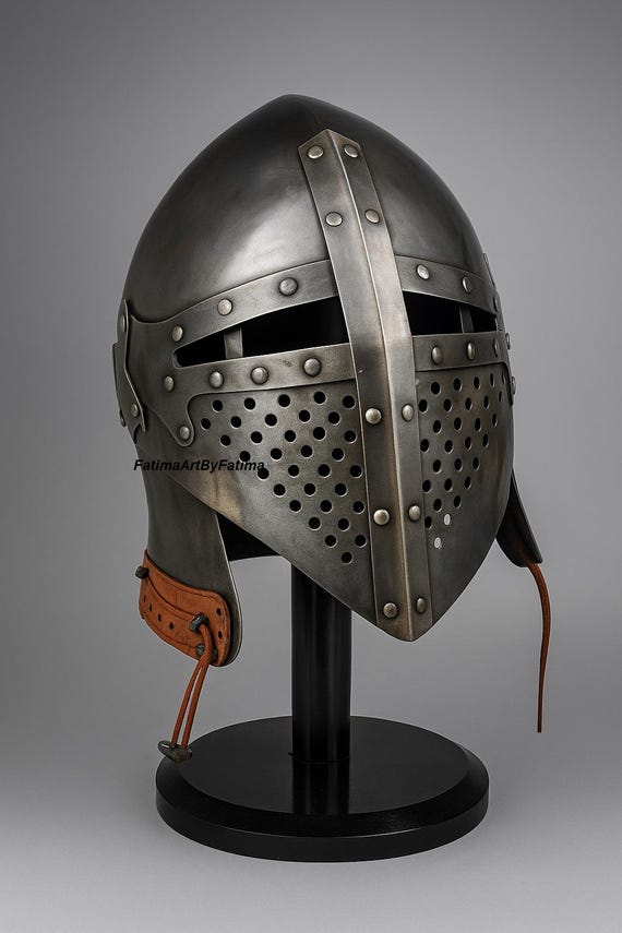 Medieval Steel Bascinet Barbuta Roman Helmet - Buhurt Battle, LARP Armour, Free Stand