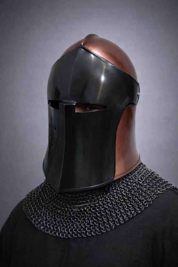 Copper Black Barbuta Helmet – 16 Gauge Steel Medieval Knight Armor, LARP Cosplay