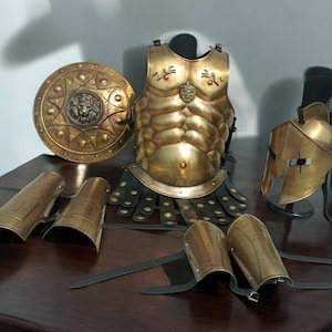 Full Spartan Muscle Armor Set/King Leonidas Battle Costume - Greek Medieval Suit with Helmet, Jacket, Arm Leg Guard Halloween Cosplay Outfit