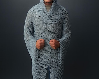 Conjunto de armadura medieval de cota de malla - Camisa y cofia de acero dulce - Disfraz para LARP, SCA y cosplay