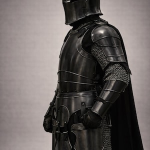 May include: A full suit of medieval armor in dark metal, including a helmet, chest plate, and leg guards. The armor features chainmail and a black cape. The image is a side view of the armor.