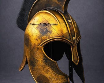 Medieval Roman Greek Troy Trojan Warrior Helmet Bronze Finish Steel, Black Plume, Free Stand
