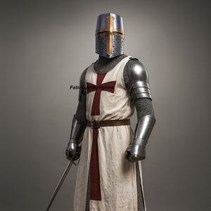 May include: A full suit of medieval armor, including a helmet, chainmail, and metal plating. The white tunic features a large red cross. A brown belt and a sword complete the ensemble. The armor is designed to protect the wearer.