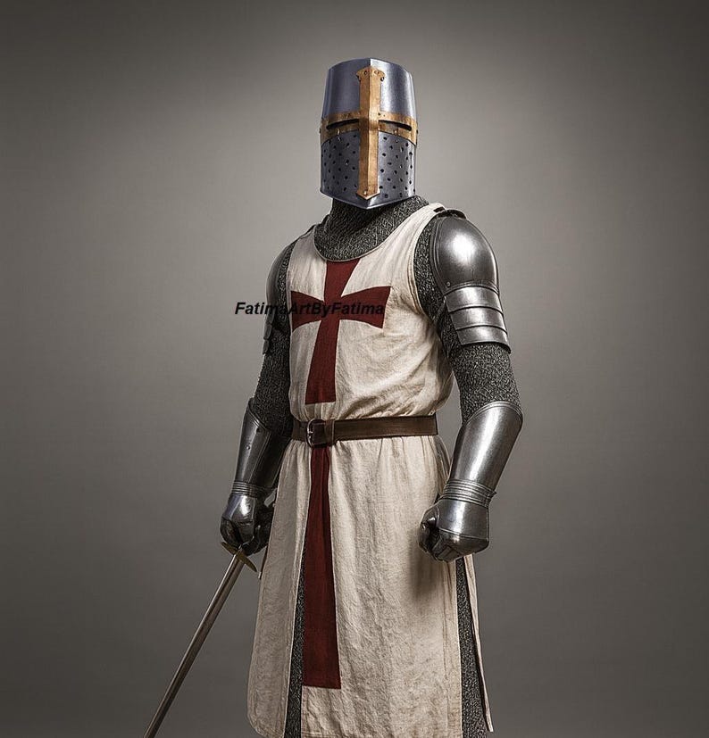 May include: A full suit of medieval armor, including a helmet, chainmail, and metal plating. The white tunic features a large red cross. A brown belt and a sword complete the ensemble. The armor is designed to protect the wearer.