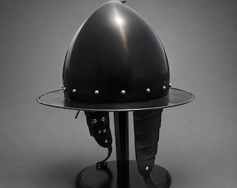 Medieval Steel Cabasset Helmet: Spanish Morion Style, Wearable Armor with Display Stand