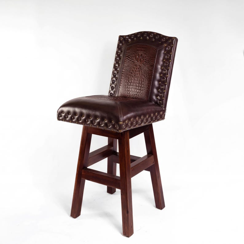Brown Brindle & Croc Embossed Leather Swivel Wingback Barstool bild 2