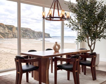 Barrel Back Arm Dinning Chair - Black Leather Upholstered