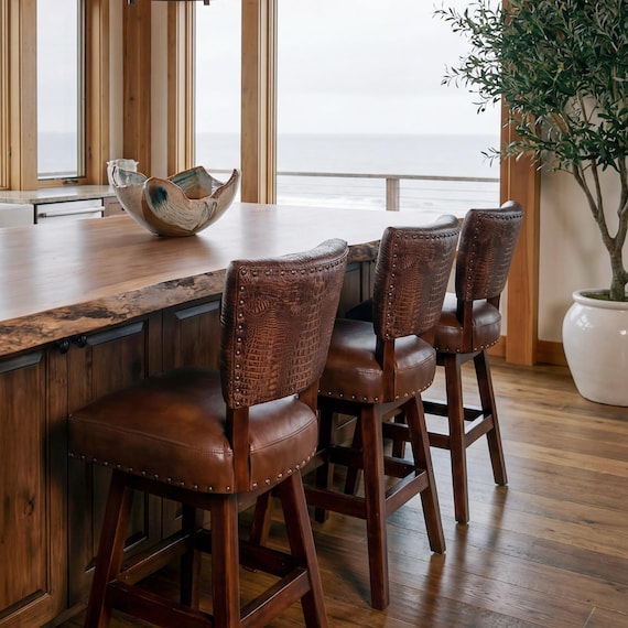 Brown Crocodile Embossed Leather Swivel Barstool - Counter & Bar Height