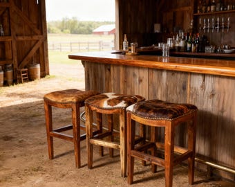 Cowhide Leather Saddle Bar Stools, Western Ranch