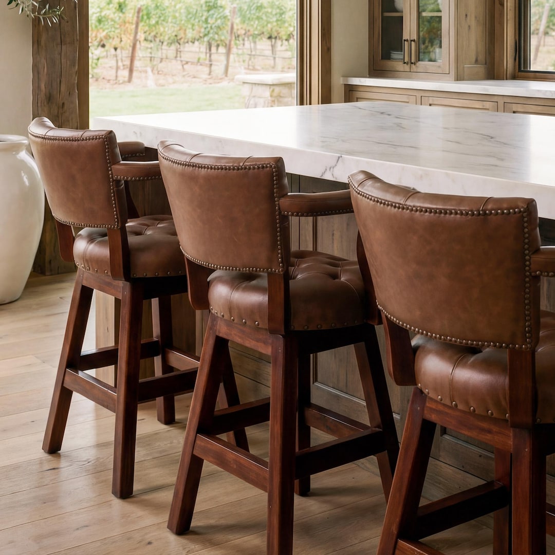Tufted Medium Brown Leather Swivel Bar Stool With Arms - Bar and ...