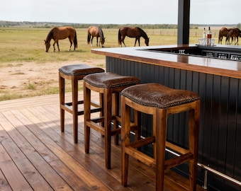 Cowboy Copper Leather Saddle Stool, Western Ranch