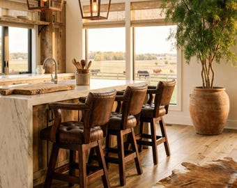 Tufted Dark Brown Leather Swivel Bar Stool with Arms - Bar and Counter