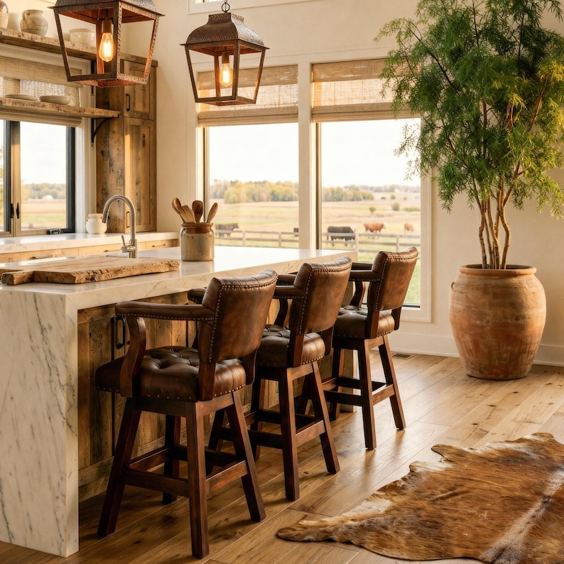 May include: A rustic kitchen with a marble countertop and wooden cabinets. Three brown leather bar stools with armrests are positioned at the counter. Two hanging lanterns with Edison bulbs illuminate the space. A large potted plant and a cowhide rug add to the decor.