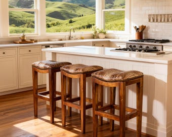 White Croc Embossed Leather Saddle Bar Stools, Western Ranch