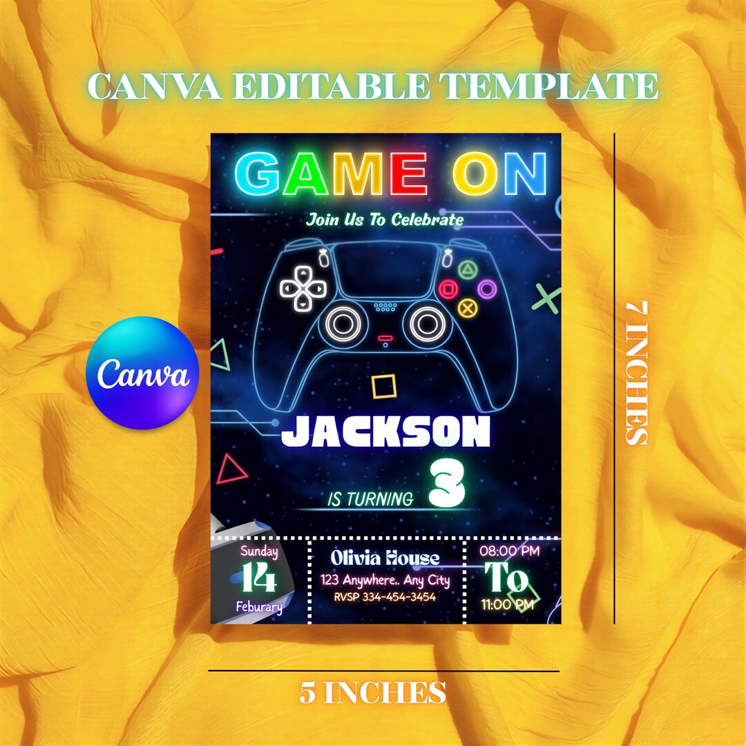 Editable Gaming Birthday Invitation Template, Neon Video Game Party ...