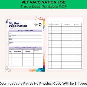 Printable Pet Vaccination Record: Vet Visit Log, A4/A5/Letter (PDF Download)