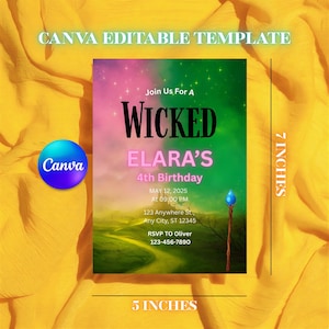 Invitación de cumpleaños editable inspirada en Wicked, tema de Elphaba Glinda, Evite para el 4.º cumpleaños, enlace a plantilla de Canva, descarga instantánea