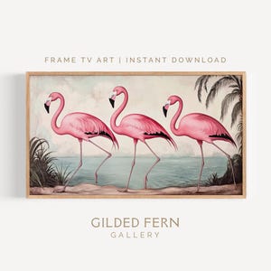 Vintage Flamingo Frame TV Art, Tropical Bird Wall Decor, Pink Flamingo Illustration, Coastal Wall Art, Digital Download, Summer Frame TV Art