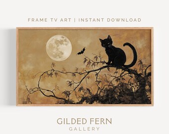 Halloween Frame TV Art: Black Cat, Golden Moon (4K Digital Download)