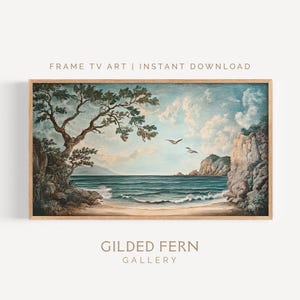 Beach Landscape Frame TV Art, Vintage Coastal Illustration, Serene Beach View, Beach House Wall Art, Digital Download, Summer Frame TV Art