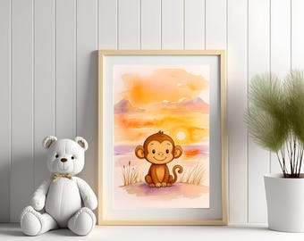 Jungle Animals Watercolor Nursery Wall Art - Monkey