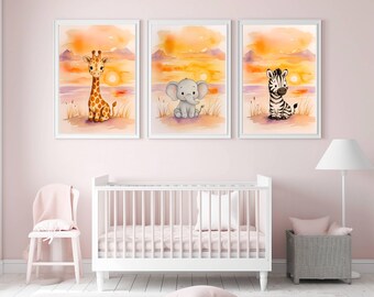 Jungle Animals Watercolor Nursery Wall Art Set of 6 - Digital Download