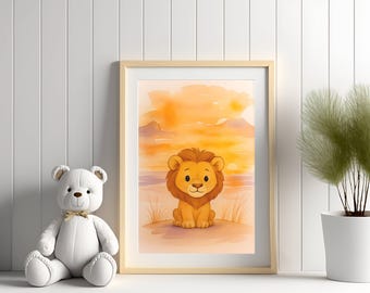 Jungle Animals Watercolor Nursery Wall Art - Lion